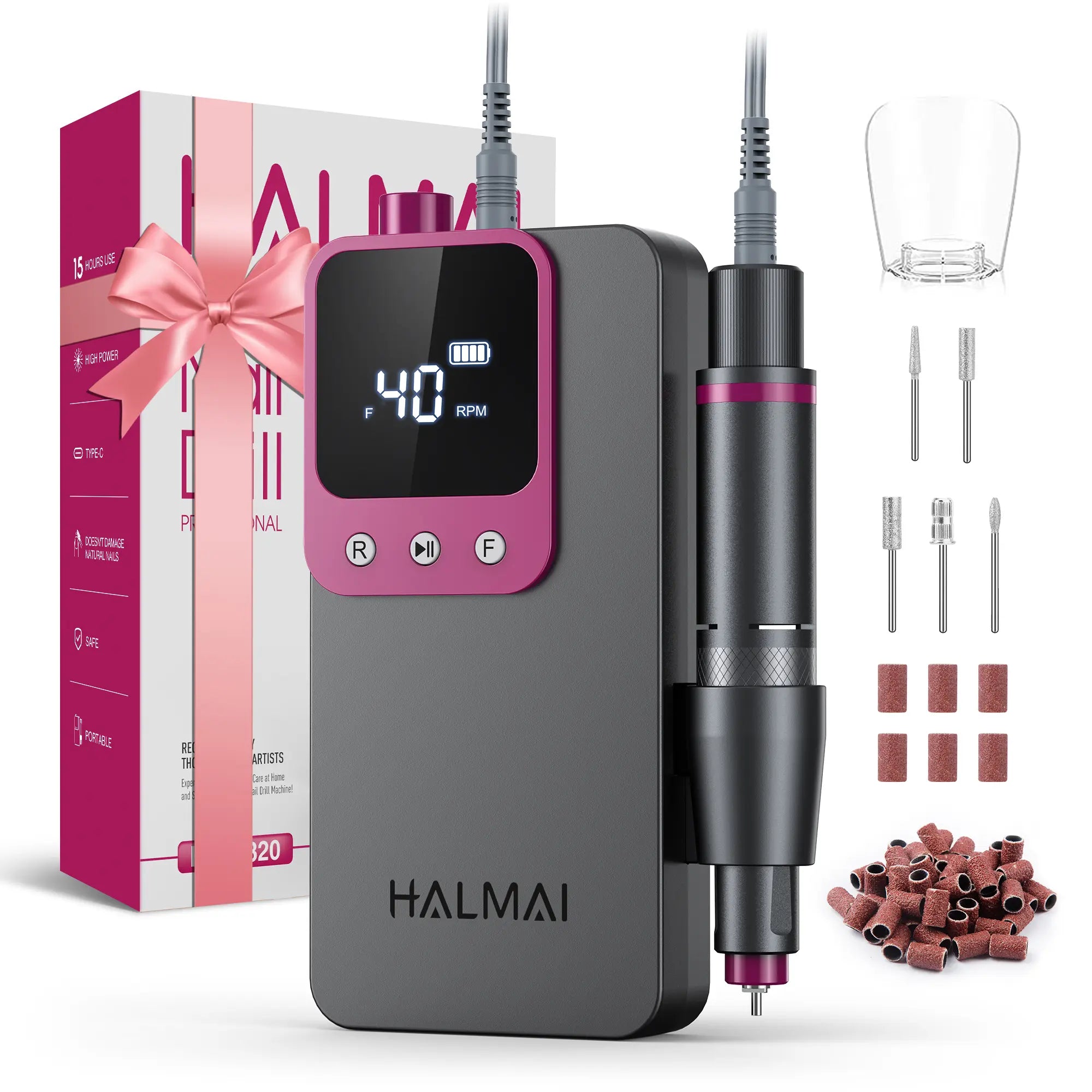 HALMAI Ultra Power Nail Drill: Professional Cordless Electric File for Acrylic & Gel Nails, Ultra Powerful Motor Engineered by HALMAI, Vibration Free for Superior Natural Nail Care, 10 Second Gel Removal