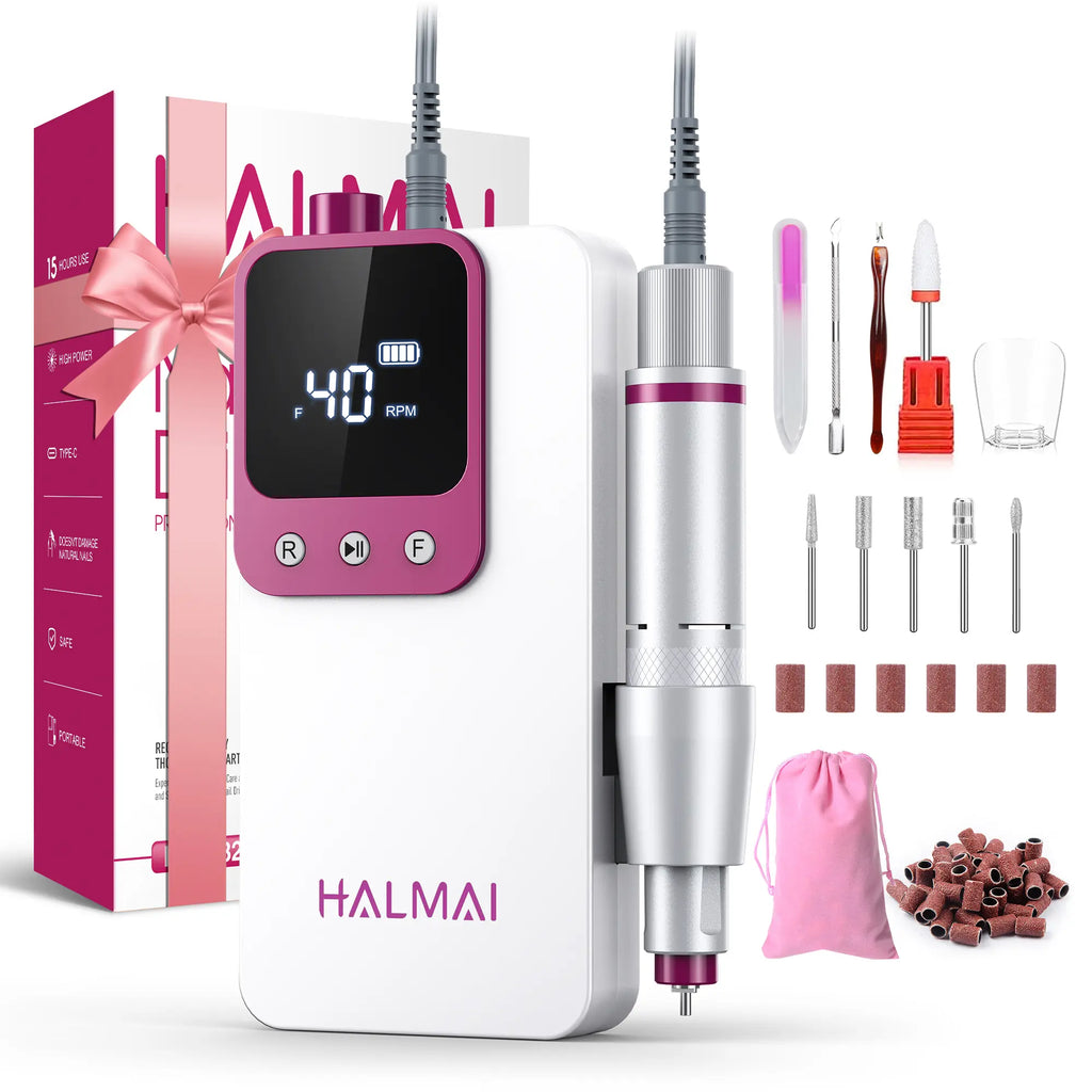 HALMAI Ultra Power Nail Drill: Professional Cordless Electric File for Acrylic & Gel Nails, Ultra Powerful Motor Engineered by HALMAI, Vibration Free for Superior Natural Nail Care, 10 Second Gel Removal