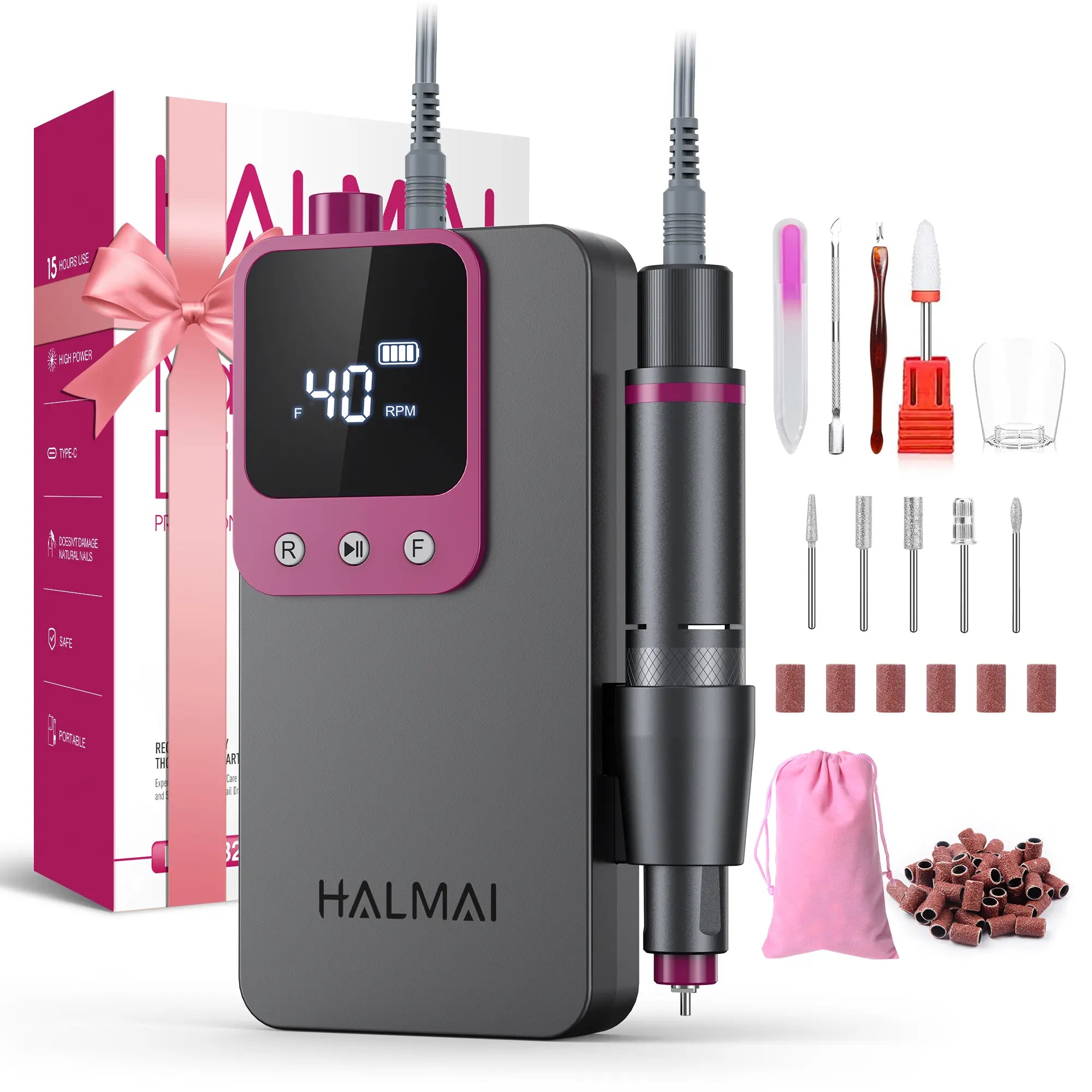 HALMAI Ultra Power Nail Drill: Professional Cordless Electric File for Acrylic & Gel Nails, Ultra Powerful Motor Engineered by HALMAI, Vibration Free for Superior Natural Nail Care, 10 Second Gel Removal
