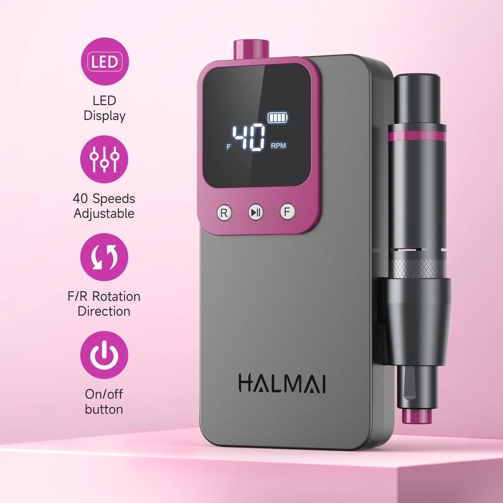 HALMAI Ultra Power Nail Drill: Professional Cordless Electric File for Acrylic & Gel Nails, Ultra Powerful Motor Engineered by HALMAI, Vibration Free for Superior Natural Nail Care, 10 Second Gel Removal