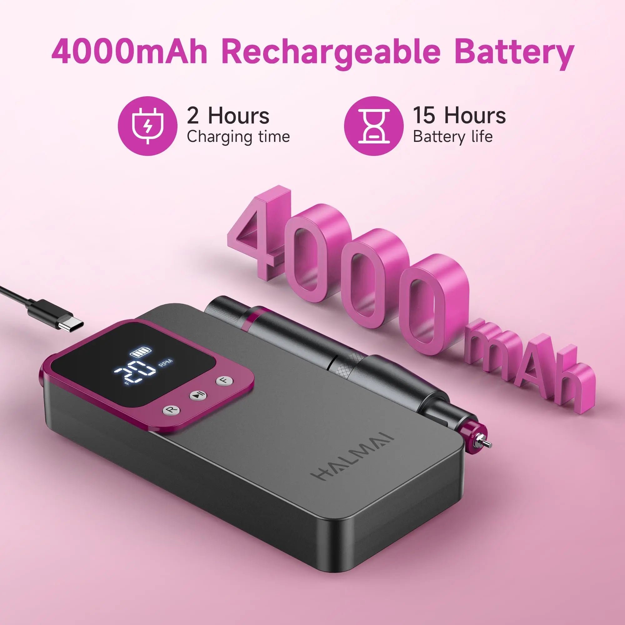 HALMAI Ultra Power Nail Drill: Professional Cordless Electric File for Acrylic & Gel Nails, Ultra Powerful Motor Engineered by HALMAI, Vibration Free for Superior Natural Nail Care, 10 Second Gel Removal