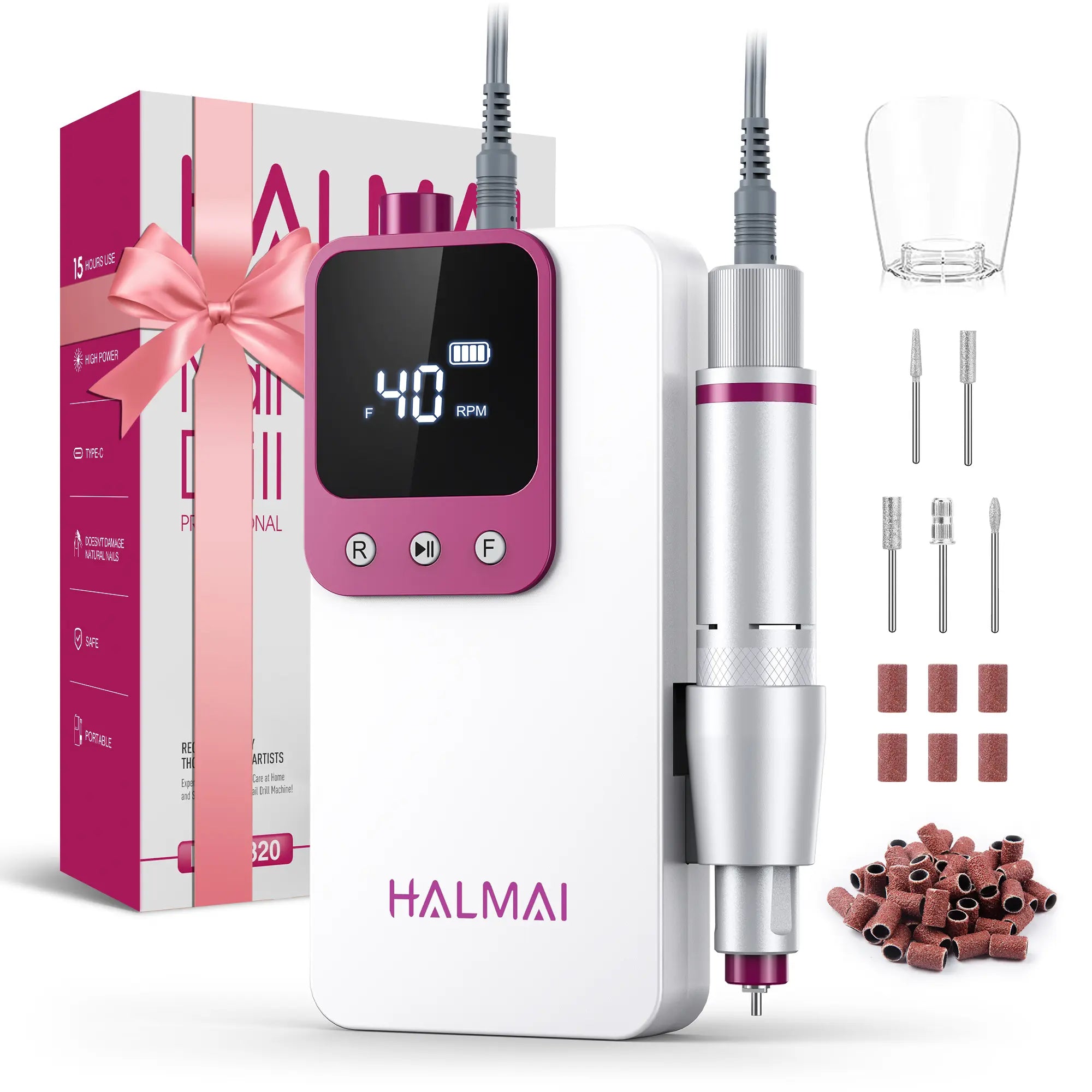 HALMAI Ultra Power Nail Drill: Professional Cordless Electric File for Acrylic & Gel Nails, Ultra Powerful Motor Engineered by HALMAI, Vibration Free for Superior Natural Nail Care, 10 Second Gel Removal